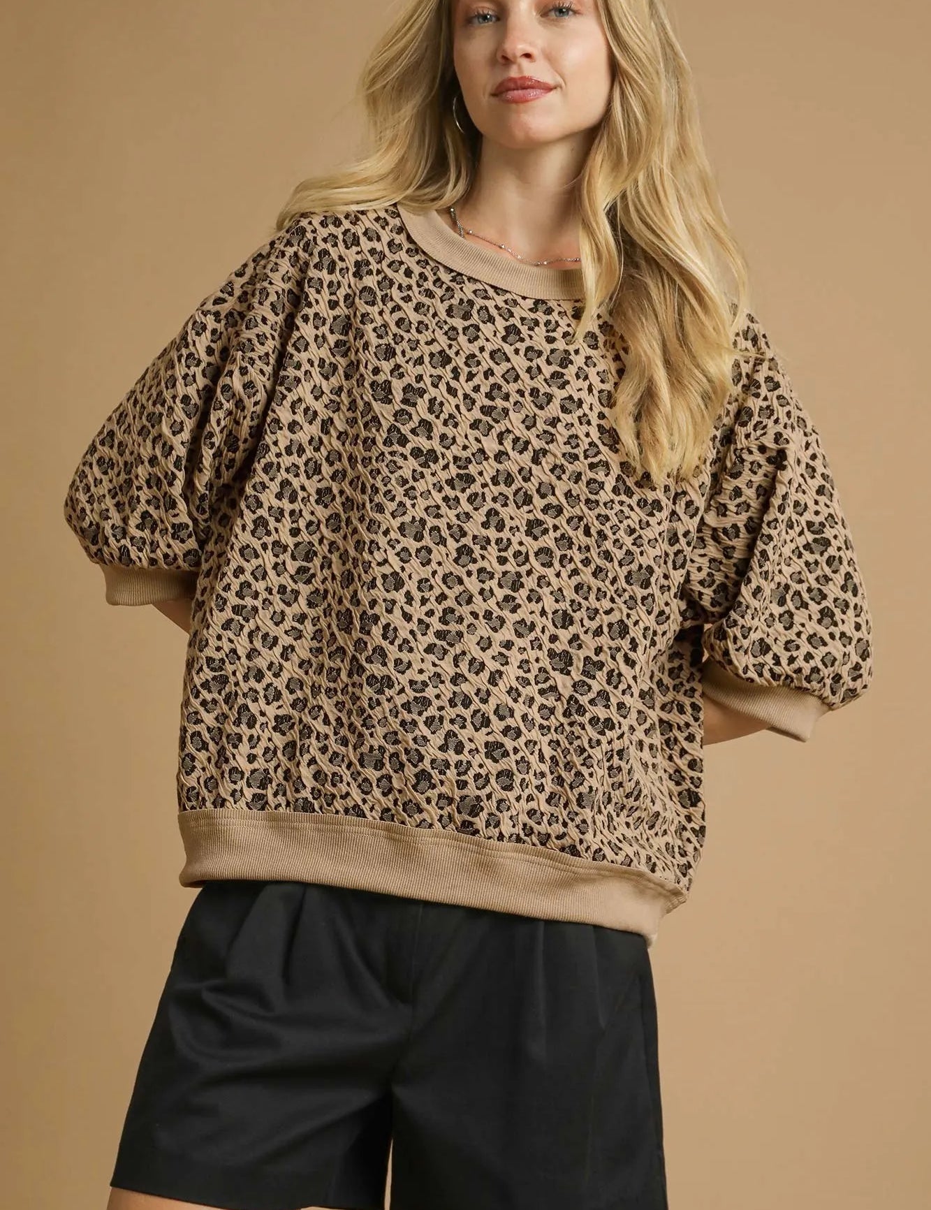 Umgee Leopard Knit Jacquard Puff Sleeve Sweatshirt on Simply Obsessed