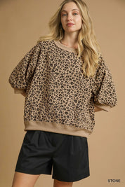 Umgee Leopard Knit Jacquard Puff Sleeve Sweatshirt on Simply Obsessed