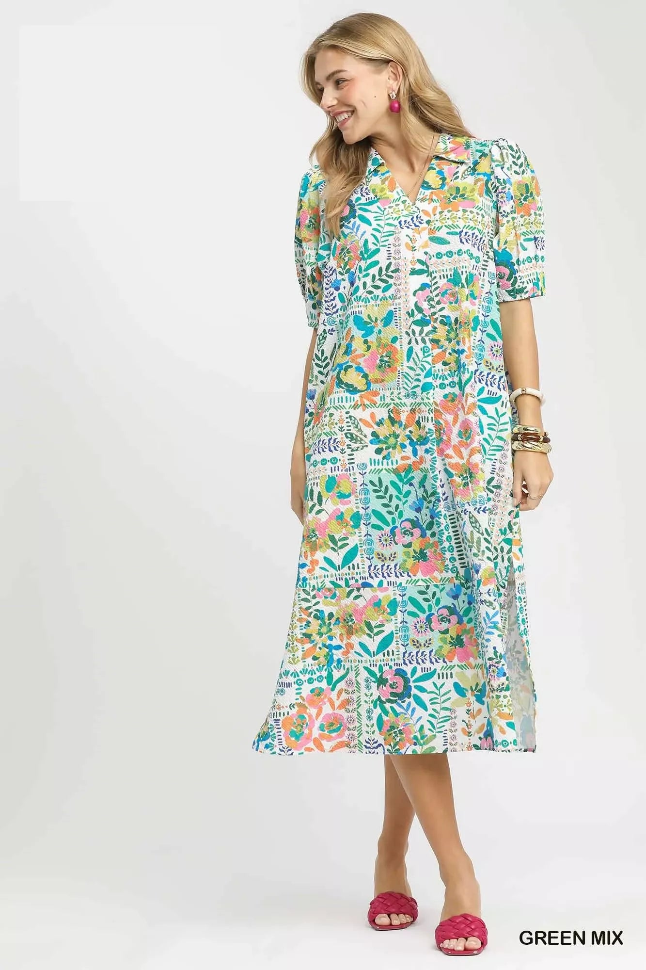 Umgee Folk Print Midi Dress with Side Pockets on Simply Obsessed