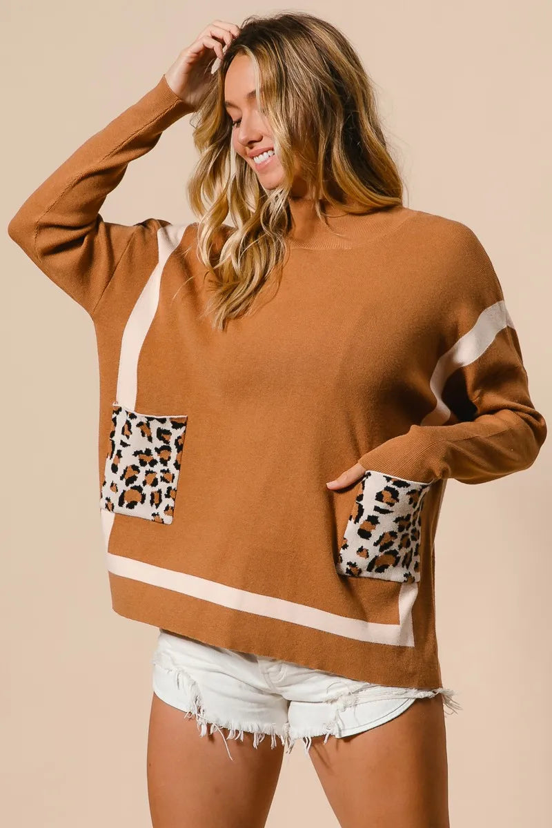 BiBi Mock Neck Sweater with Leopard Pocket on Simply Obsessed