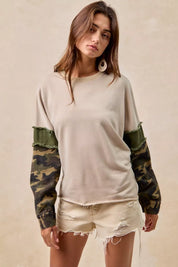 BiBi Camo Sleeve French Terry Top with Frayed Edge on Simply Obsessed