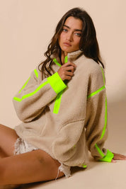 BiBi Contrast Edge Half Zip Up Sherpa Jacket on Simply Obsessed