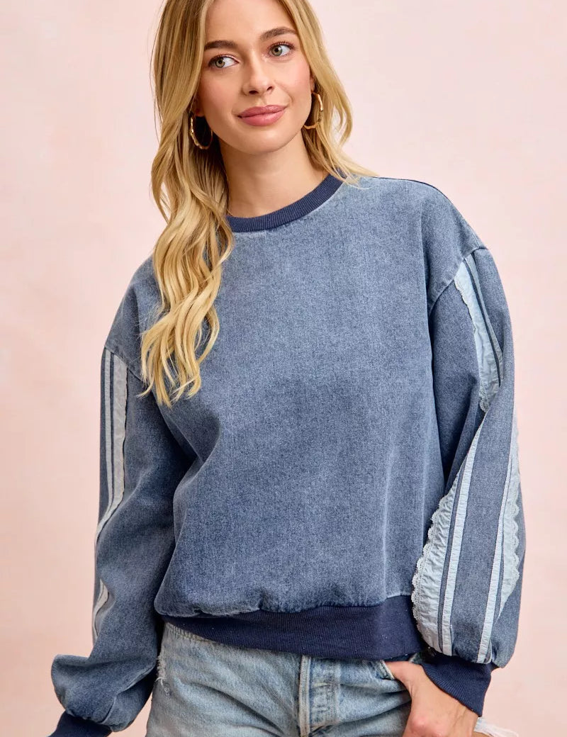 BIBI Washed Denim Lace Contrast Sided Sweatshirt **FALL DEBUT SALE** on Simply Obsessed