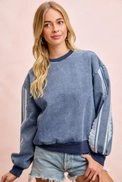 BIBI Washed Denim Lace Contrast Sided Sweatshirt **FALL DEBUT SALE** on Simply Obsessed