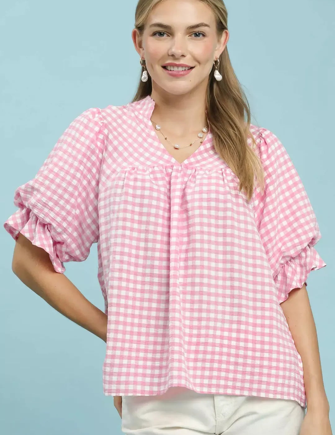UMGEE Gingham Check Blouse with Ruffle Sleeves on Simply Obsessed