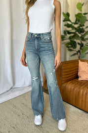 JUDY BLUE Full Size Medium Rise Tummy Control Destroy Flare on Simply Obsessed