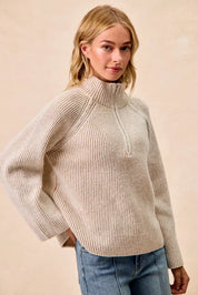 BiBi Two Tone Rib Texured Knit Collared Top with Zip Up on Simply Obsessed