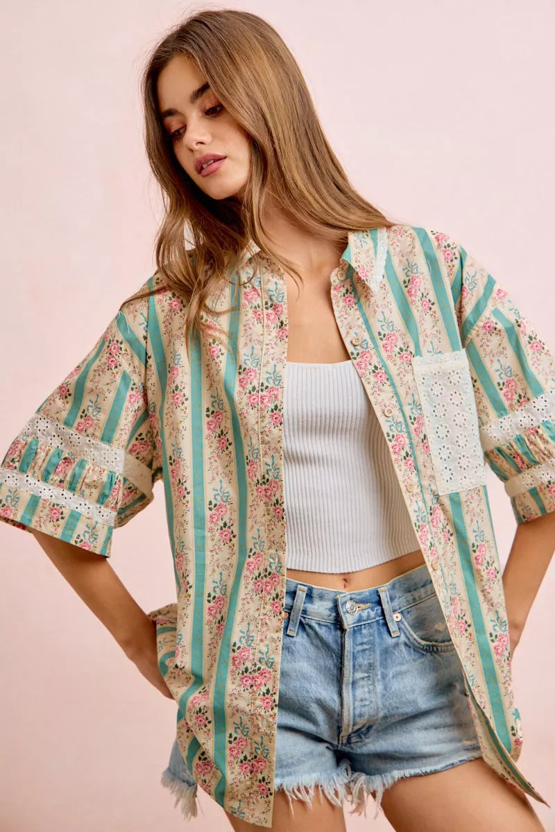 BIBI Eyelet Lace And Floral Mix And Match Shirt Top on Simply Obsessed