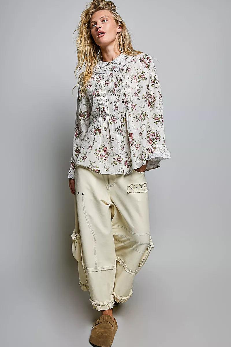 POL Floral Lace Trim Pintuck Button-Down Shirt on Simply Obsessed
