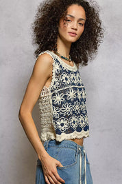 POL Floral Round Neck Cropped Crochet Sleeveless Top with Scalloped Edge on Simply Obsessed