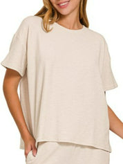ZENANA Slub Short Sleeve T-Shirt and Pants Set on Simply Obsessed