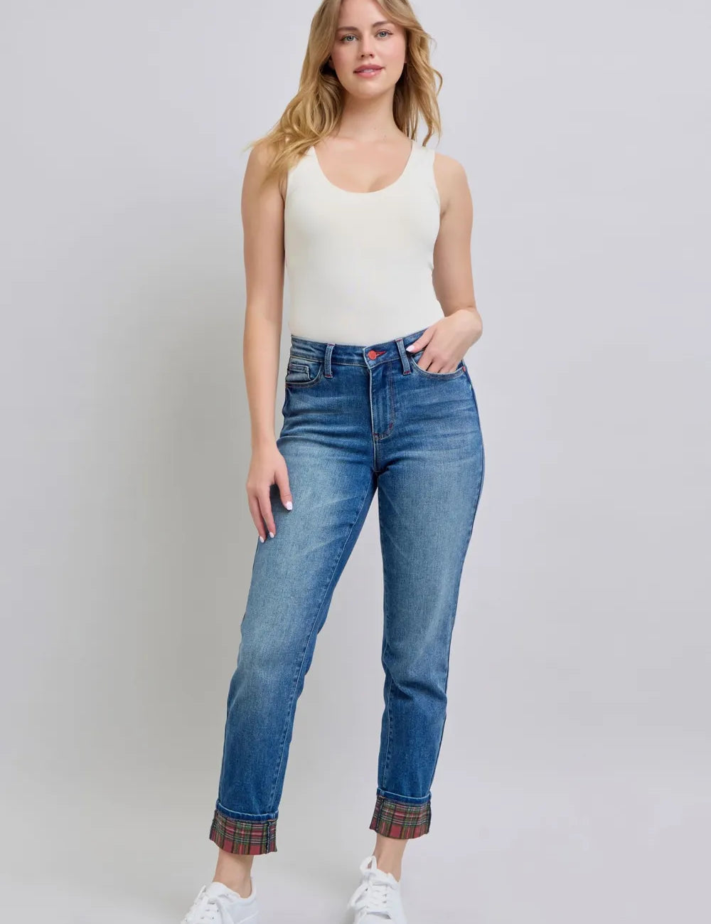 JUDY BLUE Full Size Plaid Print Cuff Straight Leg Jeans with Pockets *BF DEAL* on Simply Obsessed