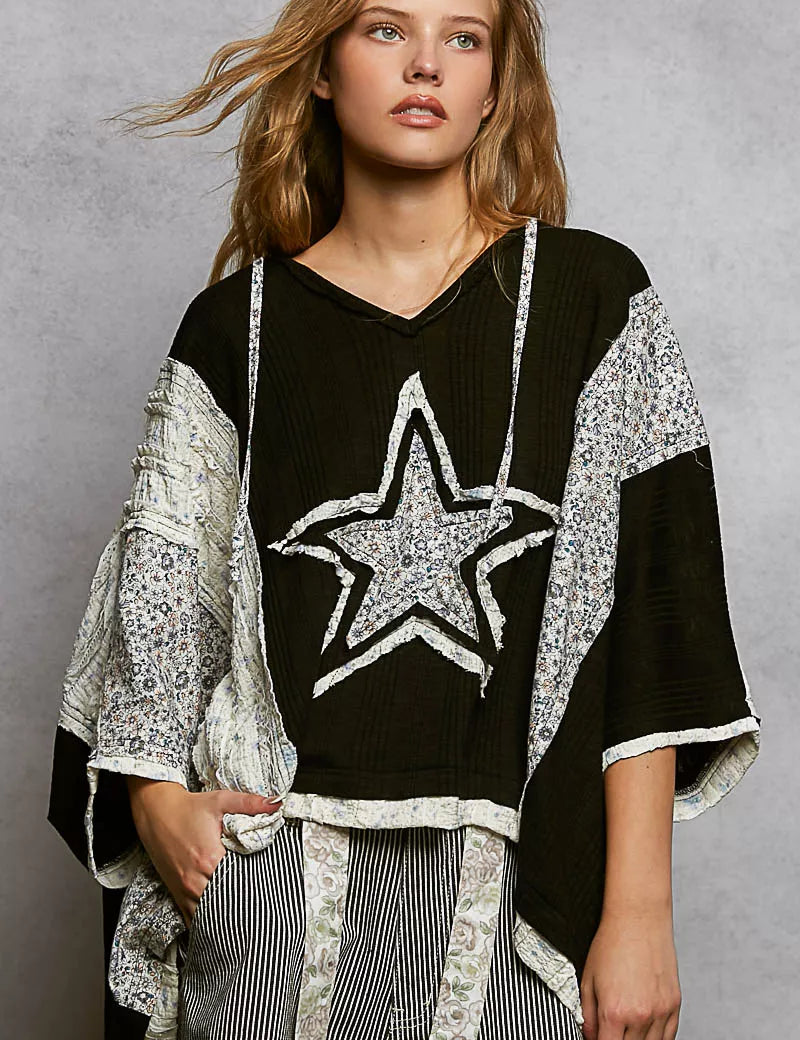 POL Floral Star Patch Hooded Blouse with Lace Contrast Detail on Simply Obsessed