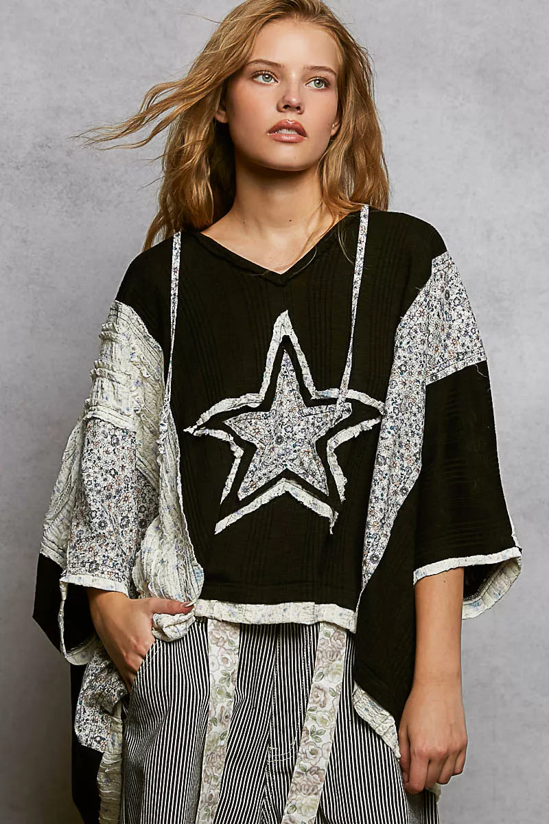POL Floral Star Patch Hooded Blouse with Lace Contrast Detail on Simply Obsessed