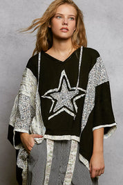 POL Floral Star Patch Hooded Blouse with Lace Contrast Detail on Simply Obsessed