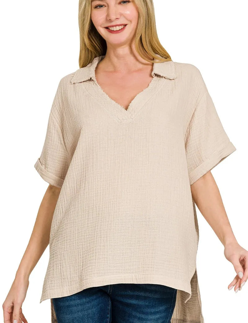 ZENANA Double Gauze Short Sleeve High-Low Top on Simply Obsessed