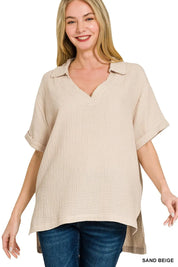 ZENANA Double Gauze Short Sleeve High-Low Top on Simply Obsessed