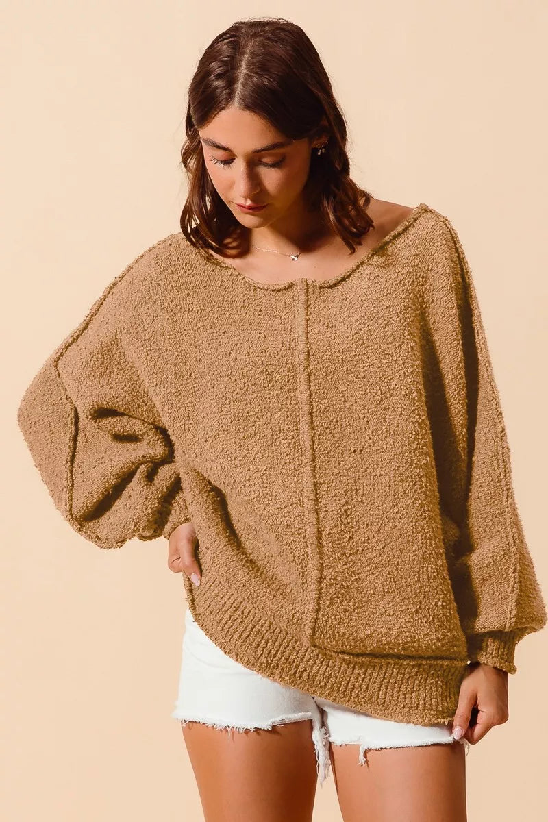 SO ME Loose Fit Exposed Seam Slouchy Boucle Sweater on Simply Obsessed