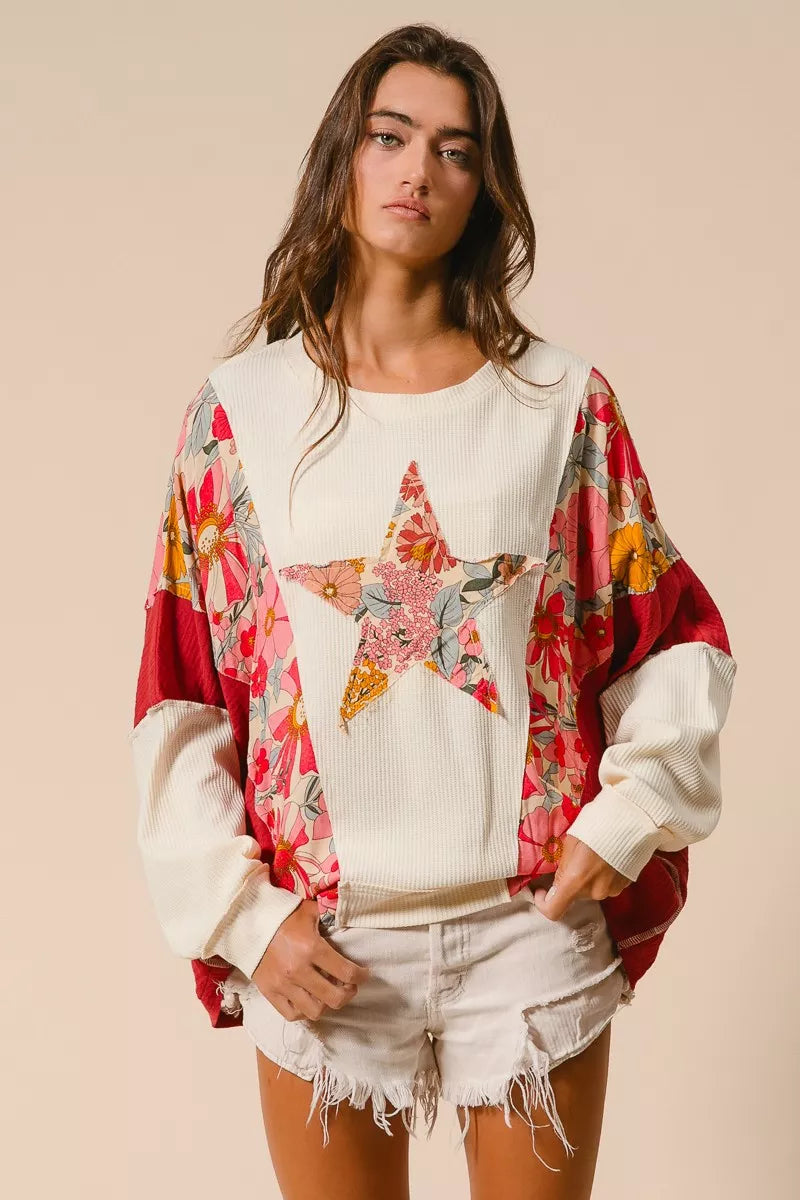 BIBI Floral Print Mixed Star Patch Round Neck Sweatshirt on Simply Obsessed