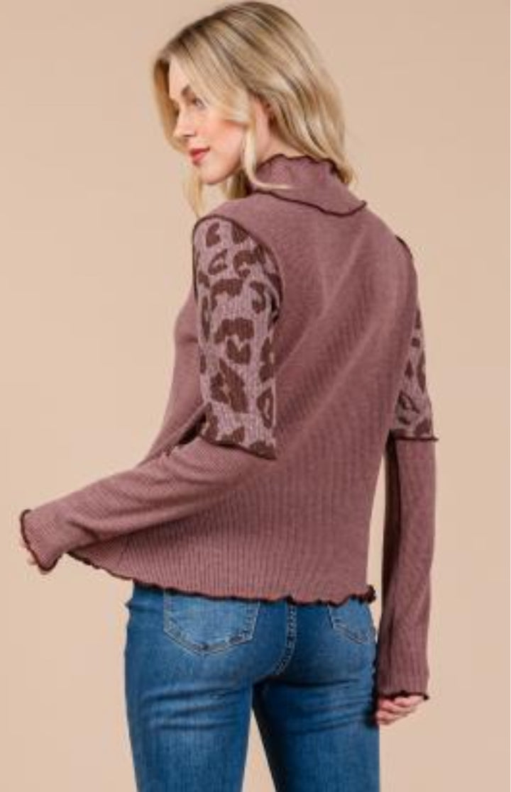 CES FEMME Cheetah Sleeve Knit Top - MAUVE on Simply Obsessed