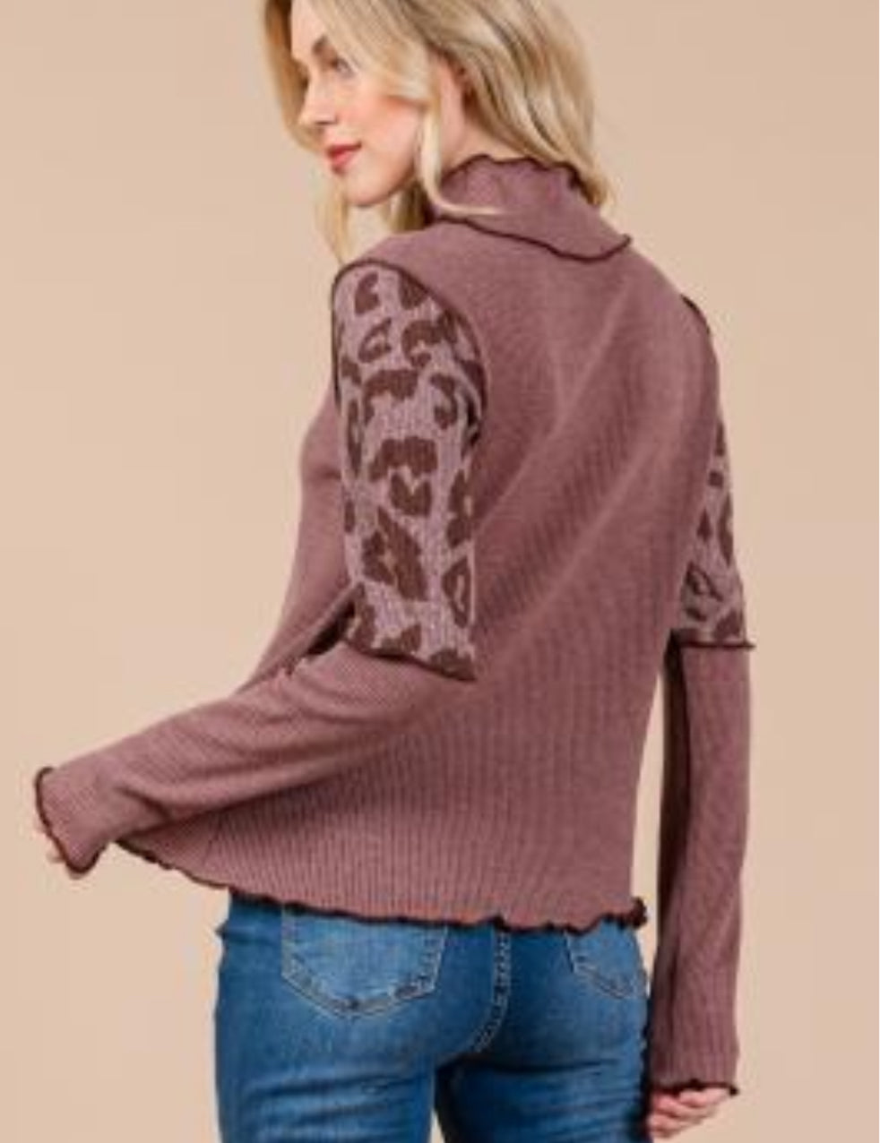 CES FEMME Cheetah Sleeve Knit Top - MAUVE on Simply Obsessed