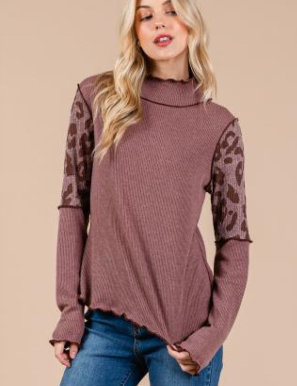 CES FEMME Cheetah Sleeve Knit Top - MAUVE on Simply Obsessed