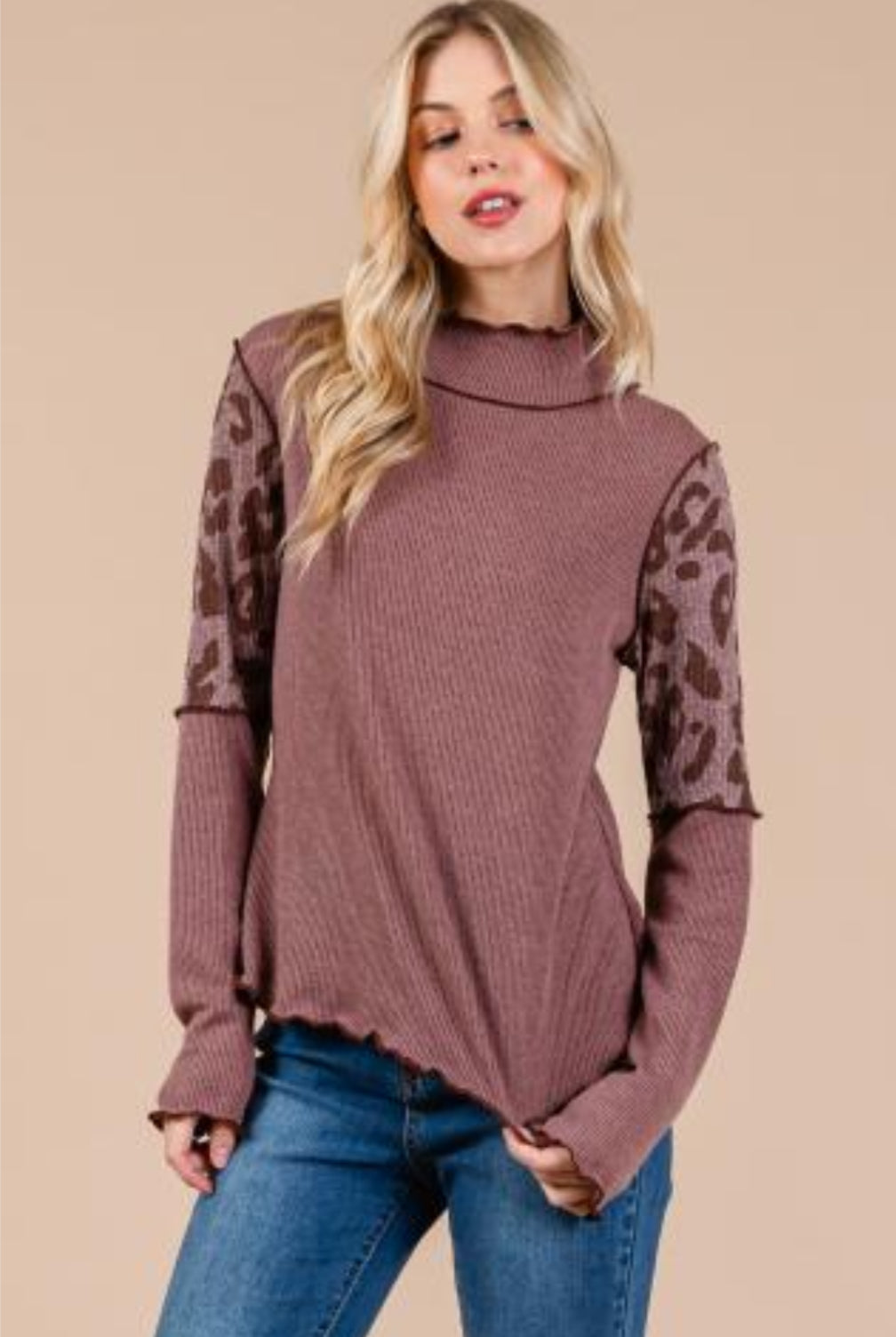 CES FEMME Cheetah Sleeve Knit Top - MAUVE on Simply Obsessed