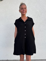 CES FEMME Front Collared Button-Down Romper - BLACK on Simply Obsessed