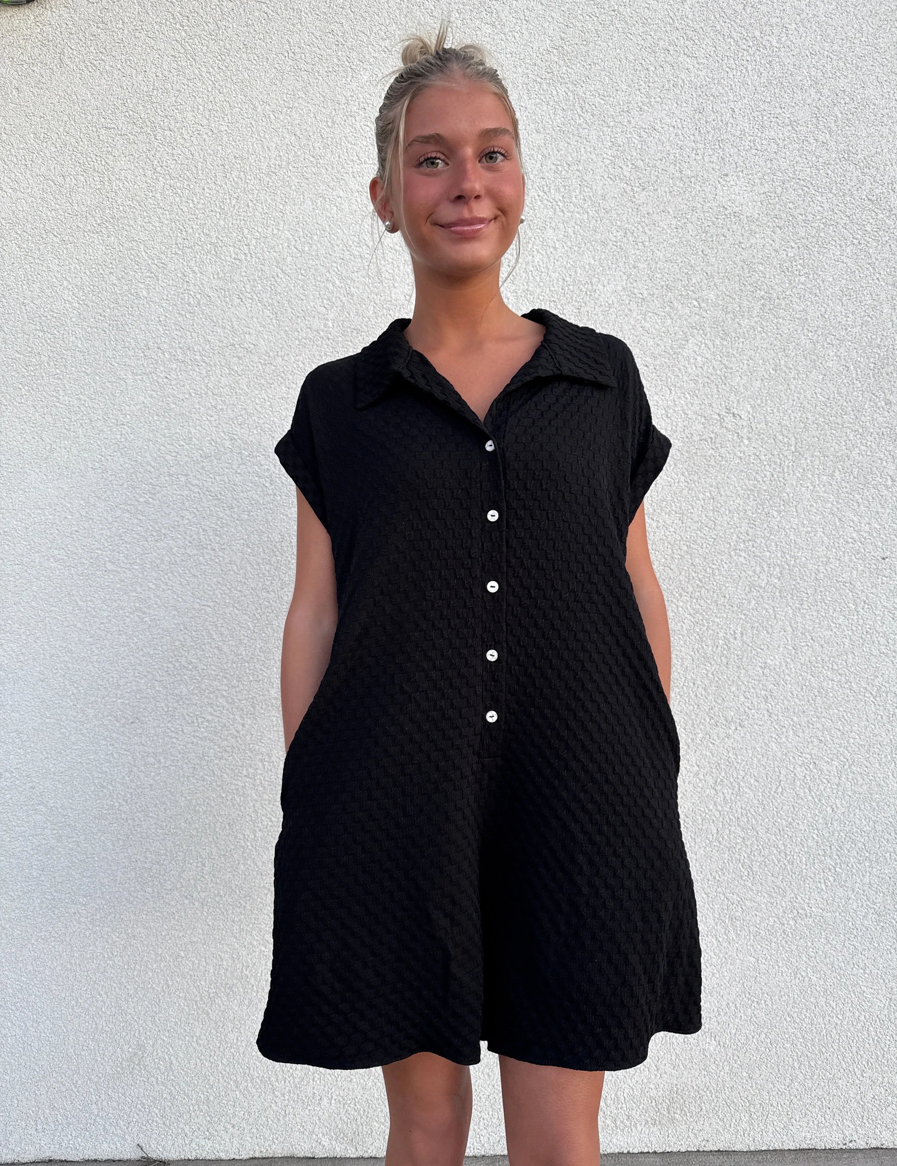 CES FEMME Front Collared Button-Down Romper - BLACK on Simply Obsessed