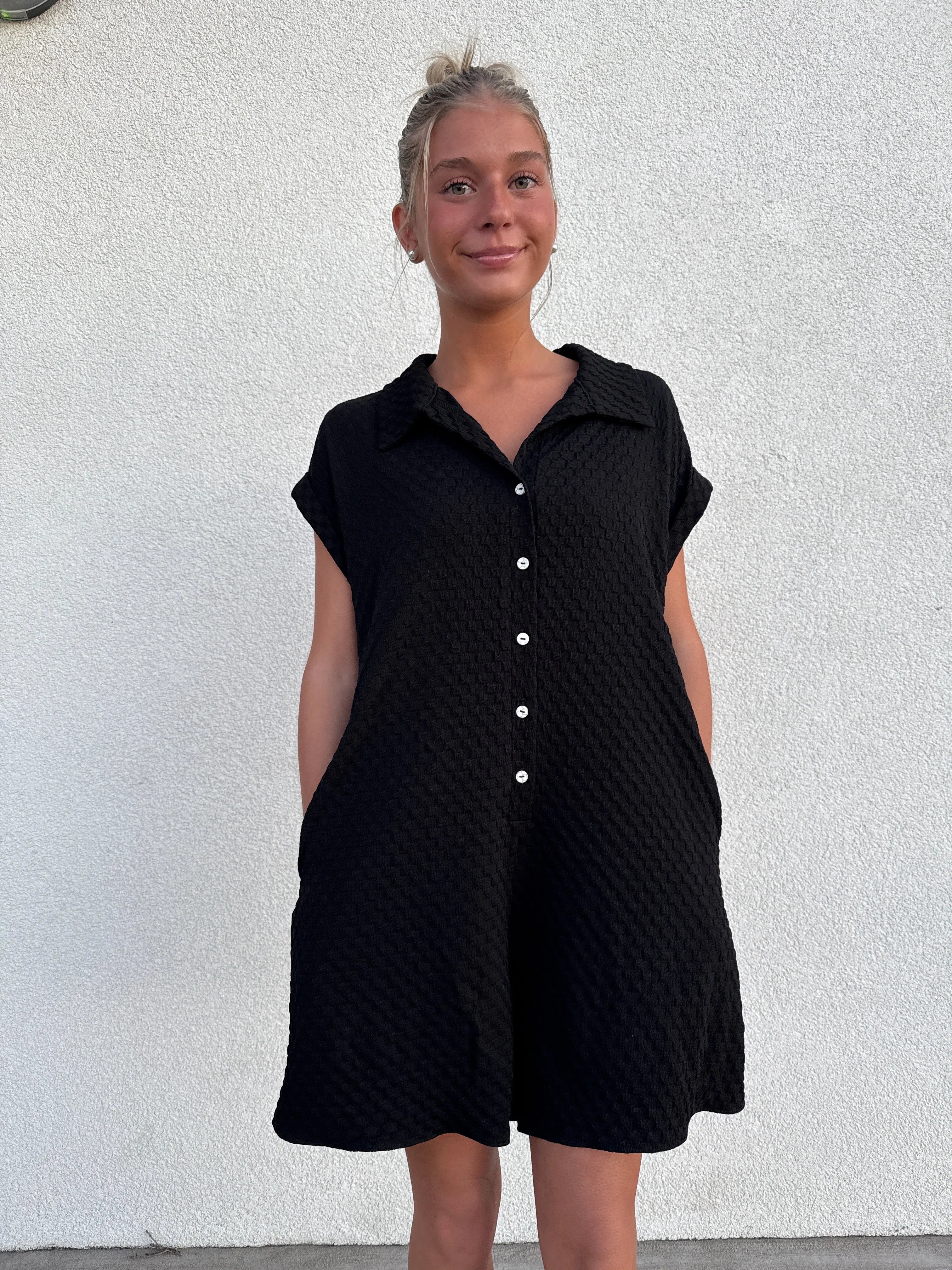 CES FEMME Front Collared Button-Down Romper - BLACK on Simply Obsessed