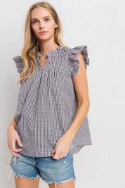 CES FEMME Gingham Ruffled Sleeveless Blouse - BLACK/WHITE on Simply Obsessed