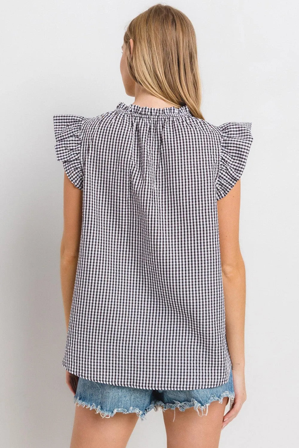 CES FEMME Gingham Ruffled Sleeveless Blouse - BLACK/WHITE on Simply Obsessed