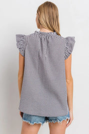 CES FEMME Gingham Ruffled Sleeveless Blouse - BLACK/WHITE on Simply Obsessed