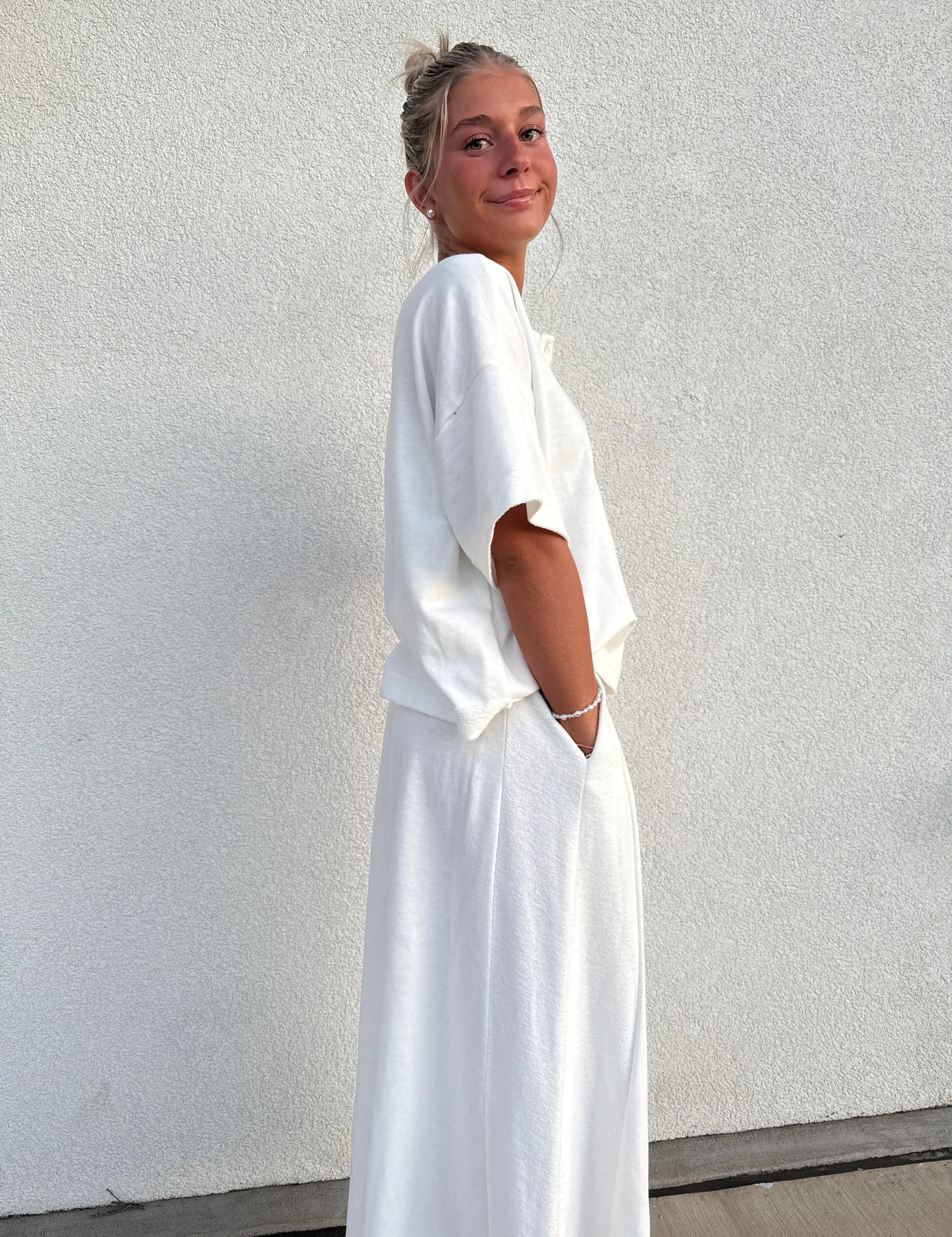 CES FEMME Knit Raw Edge Top and Pants Set - IVORY on Simply Obsessed