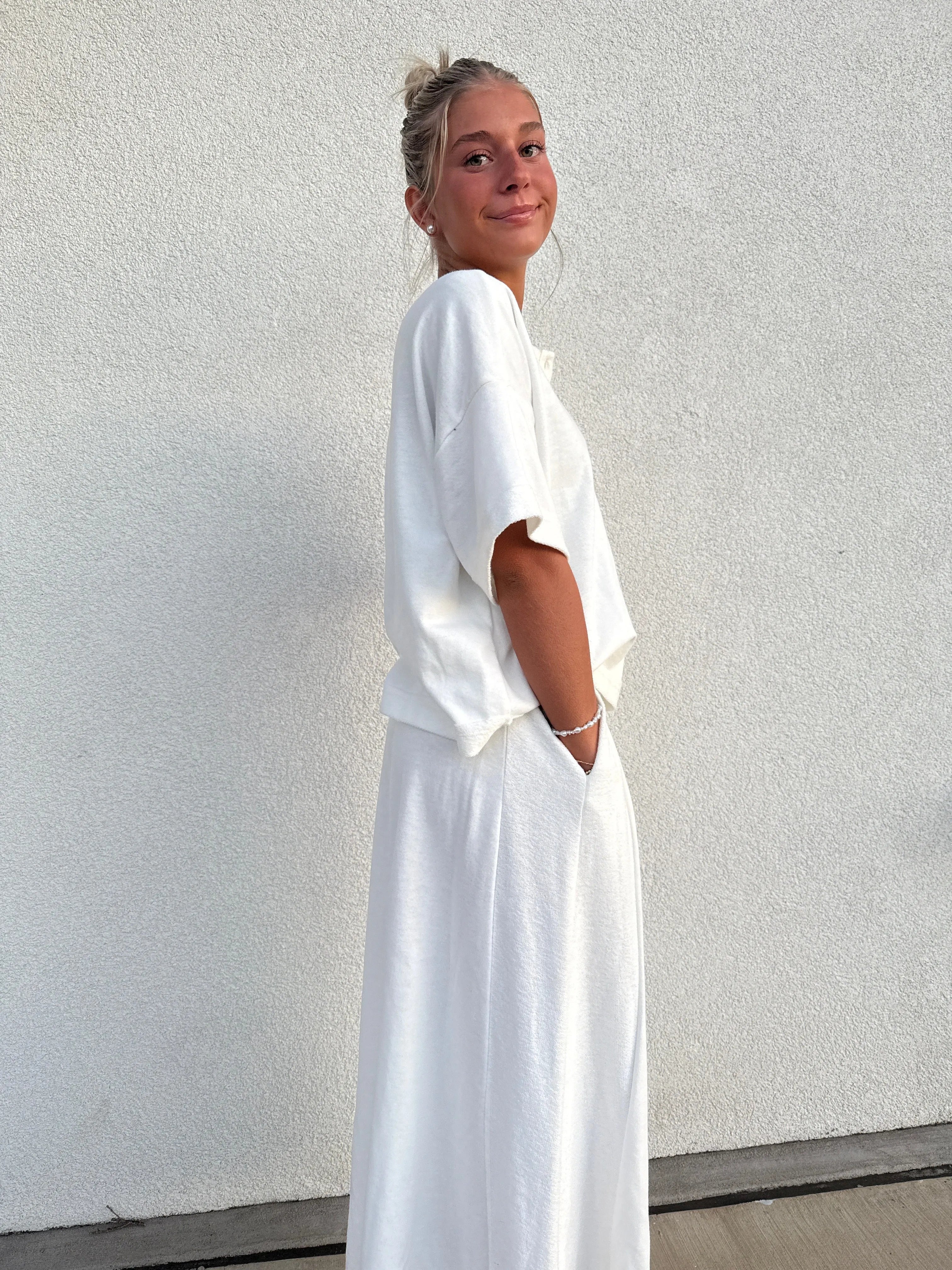 CES FEMME Knit Raw Edge Top and Pants Set - IVORY on Simply Obsessed