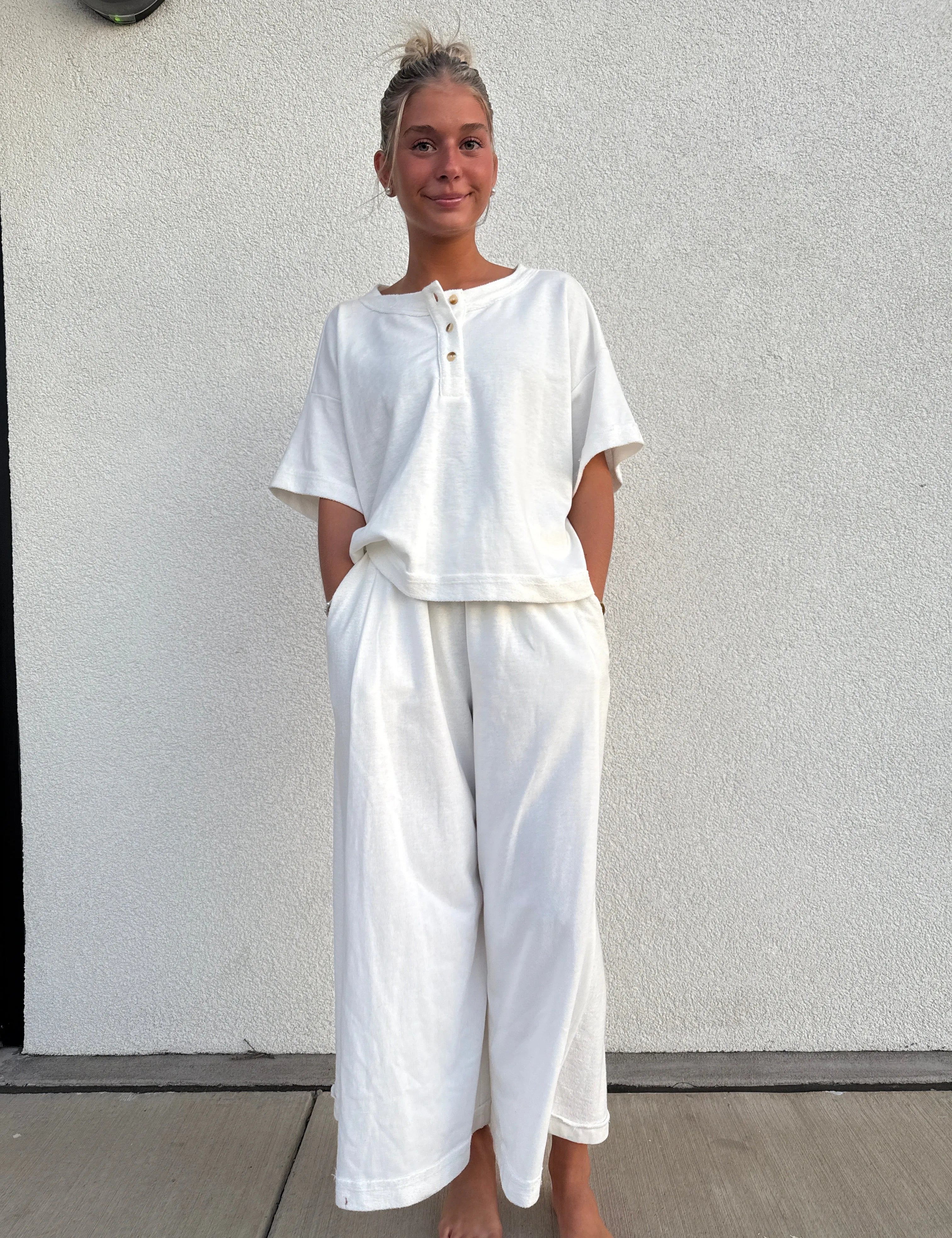 CES FEMME Knit Raw Edge Top and Pants Set - IVORY on Simply Obsessed