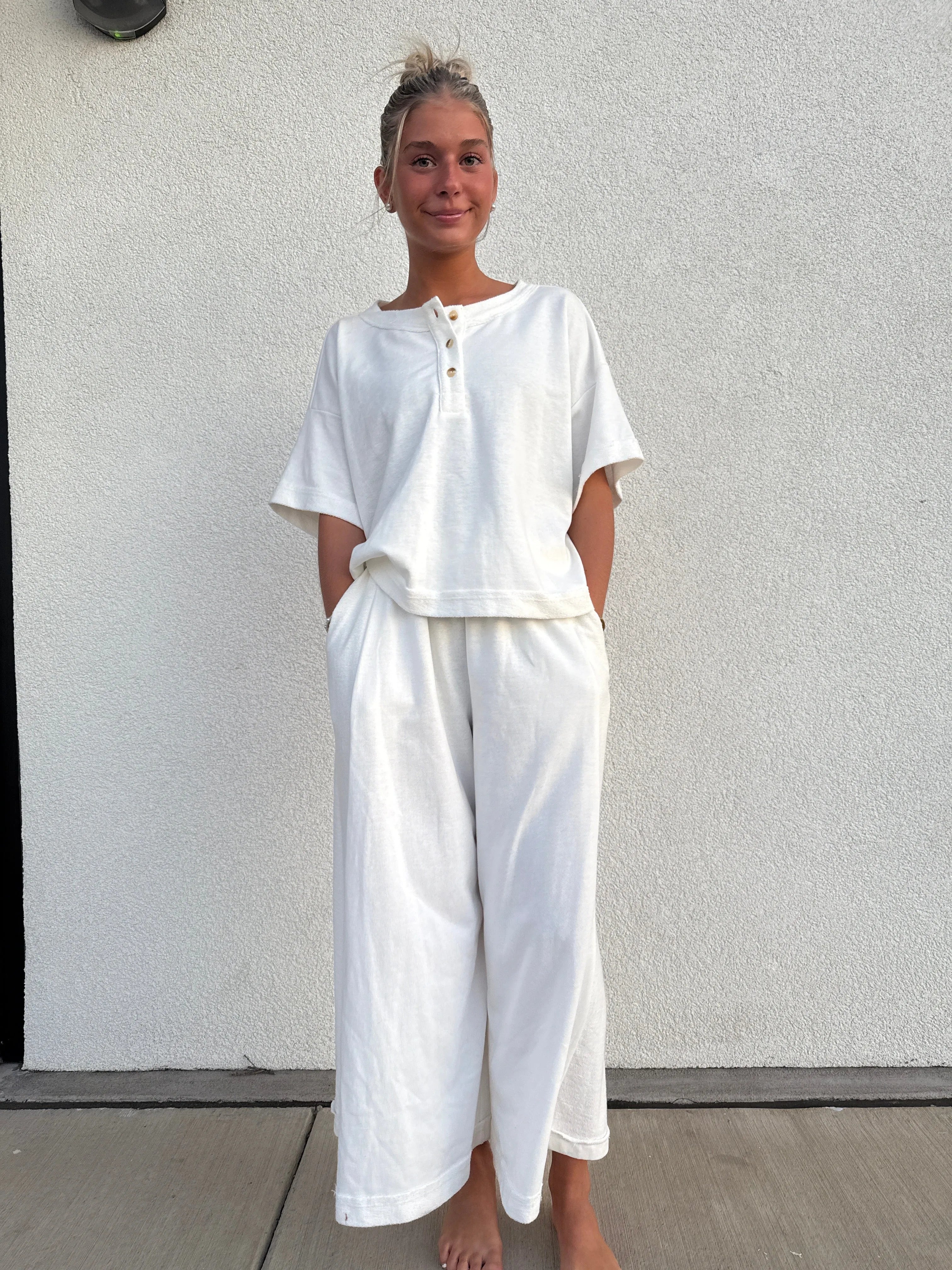 CES FEMME Knit Raw Edge Top and Pants Set - IVORY on Simply Obsessed
