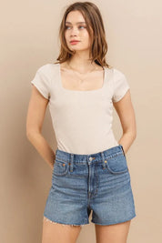 CES FEMME Ribbed Short Sleeve Square Neck Bodysuit on Simply Obsessed