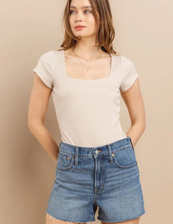 CES FEMME Ribbed Short Sleeve Square Neck Bodysuit on Simply Obsessed