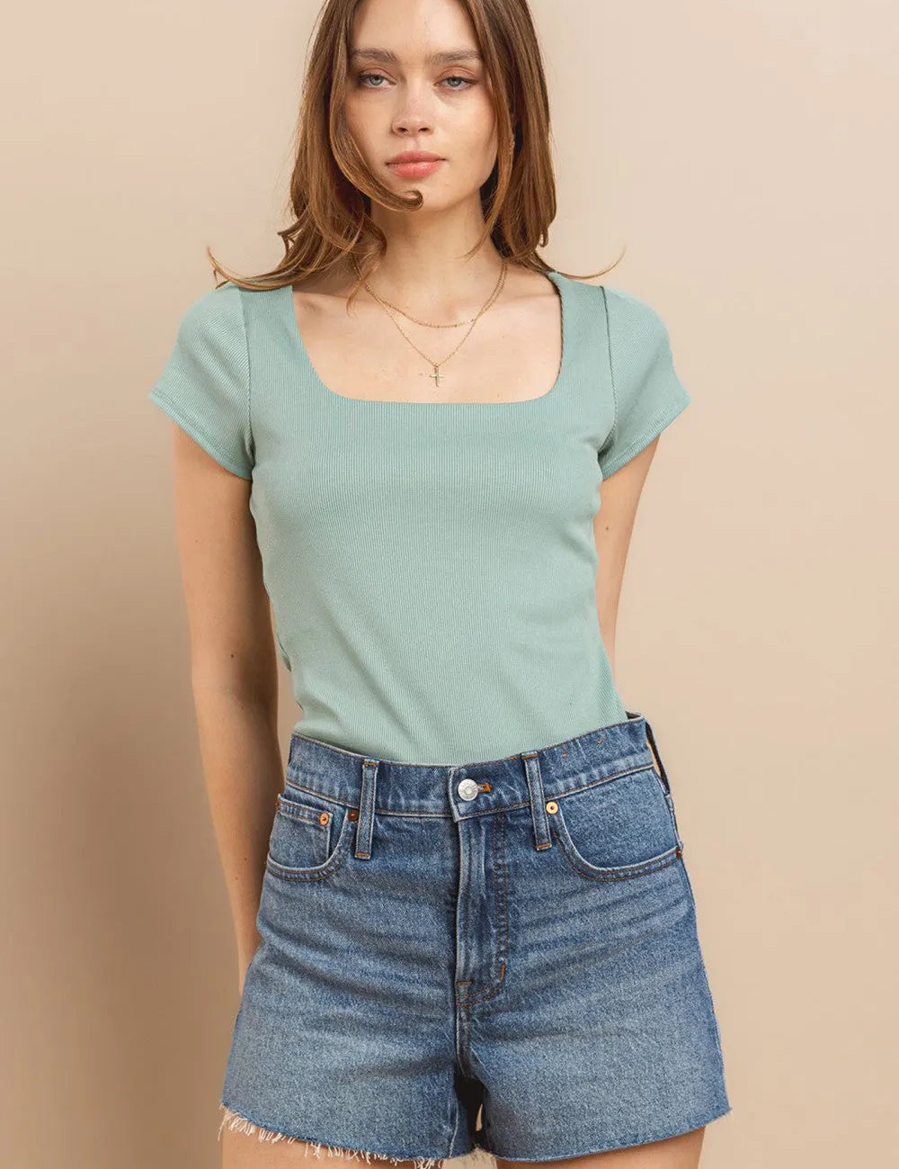 CES FEMME Ribbed Short Sleeve Square Neck Bodysuit on Simply Obsessed