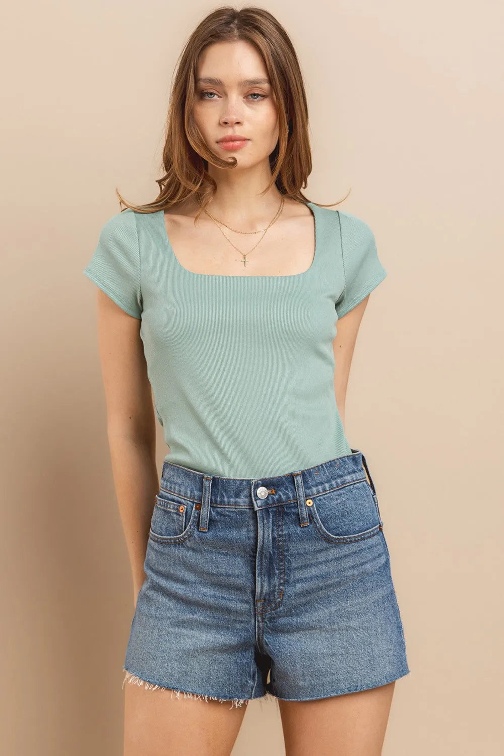 CES FEMME Ribbed Short Sleeve Square Neck Bodysuit on Simply Obsessed