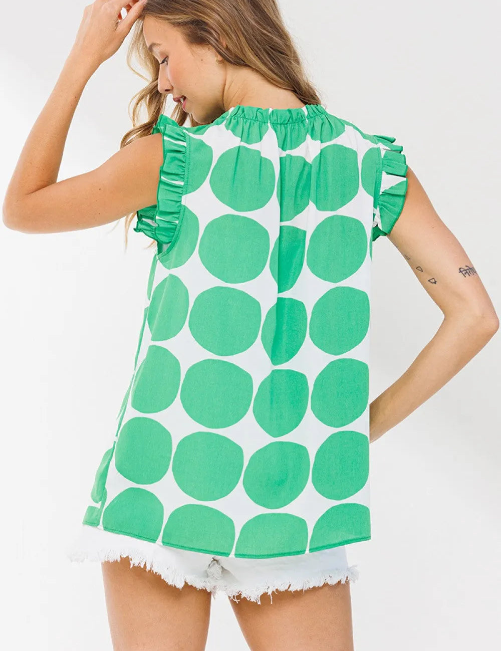 CES FEMME Ruffle Neck Polka Dot Top - KELLY GREEN on Simply Obsessed