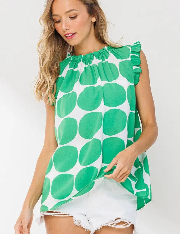 CES FEMME Ruffle Neck Polka Dot Top - KELLY GREEN on Simply Obsessed