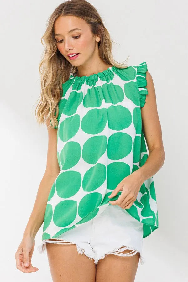 CES FEMME Ruffle Neck Polka Dot Top - KELLY GREEN on Simply Obsessed