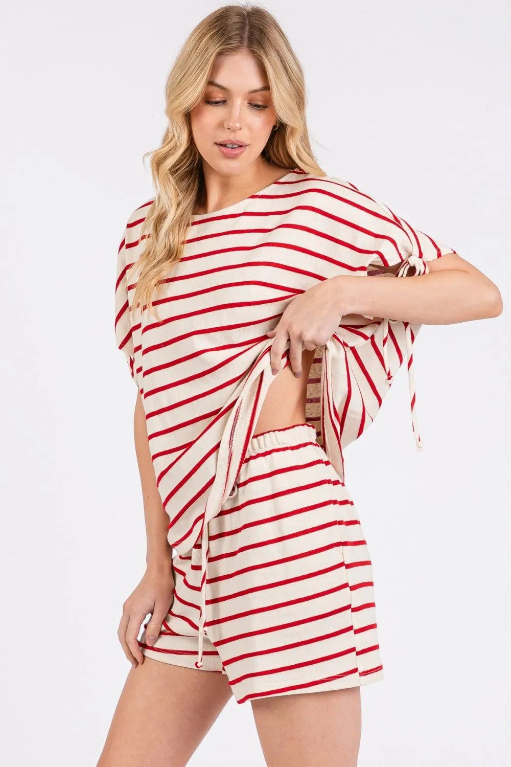 CES FEMME Striped Short Set w/ Ties - RED on Simply Obsessed