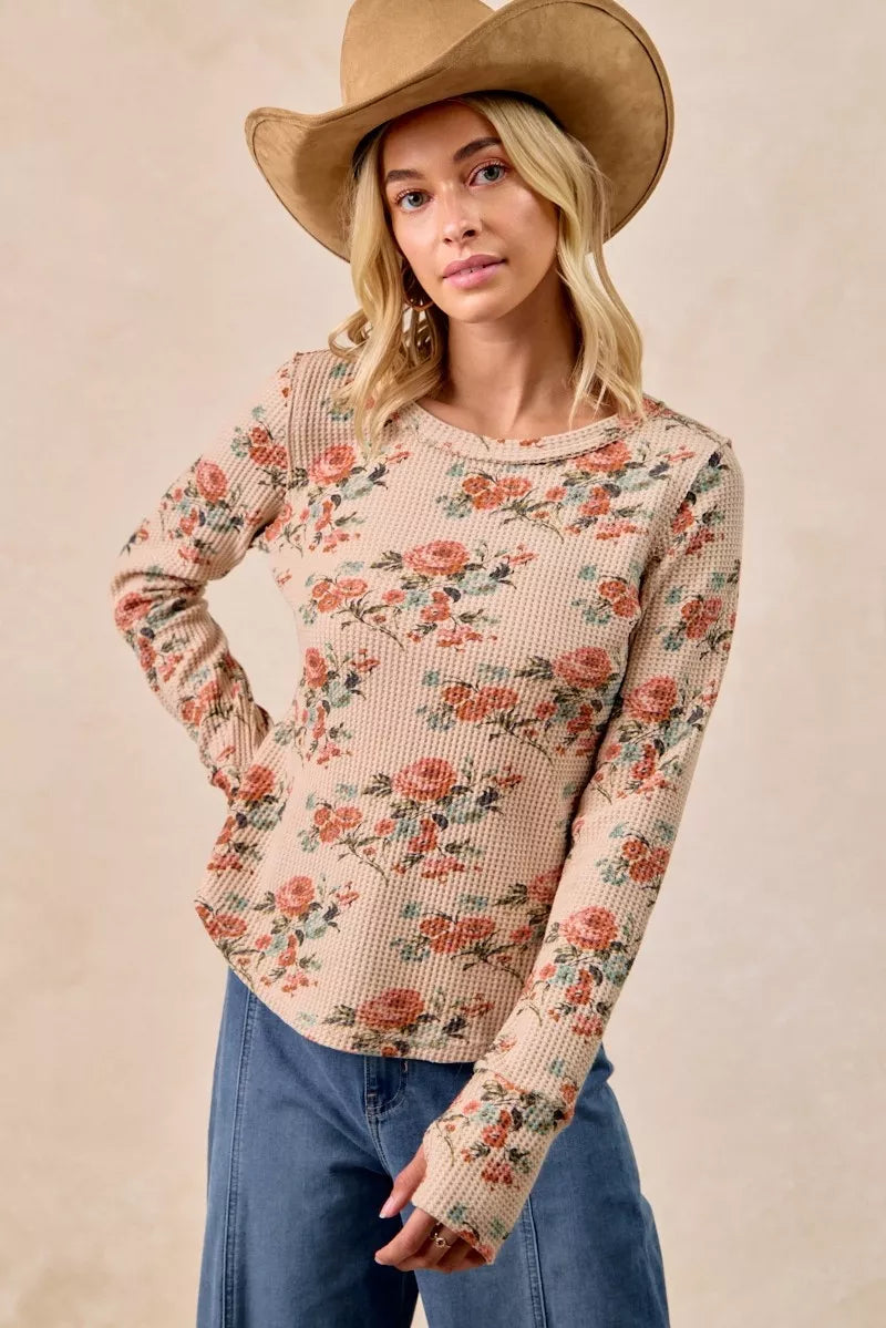 BIBI Floral Print Washed Waffle Thermal Top with Thumb on Simply Obsessed