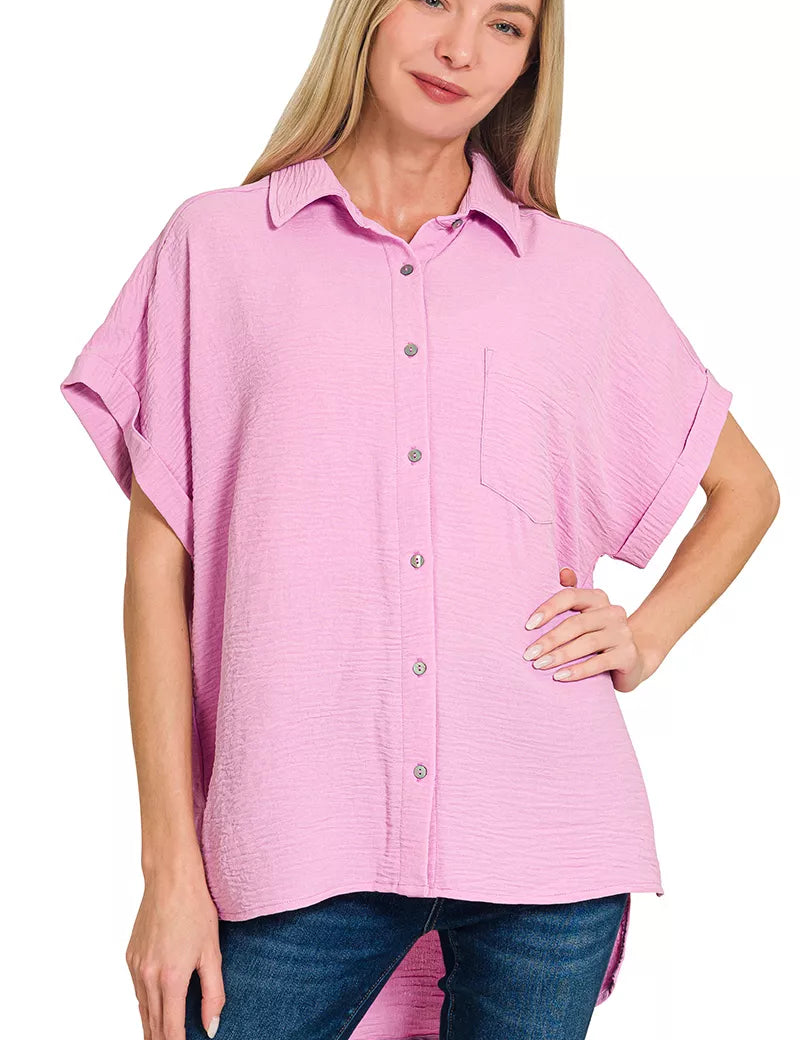 ZENANA Woven Airflow Button Down Shirt on Simply Obsessed