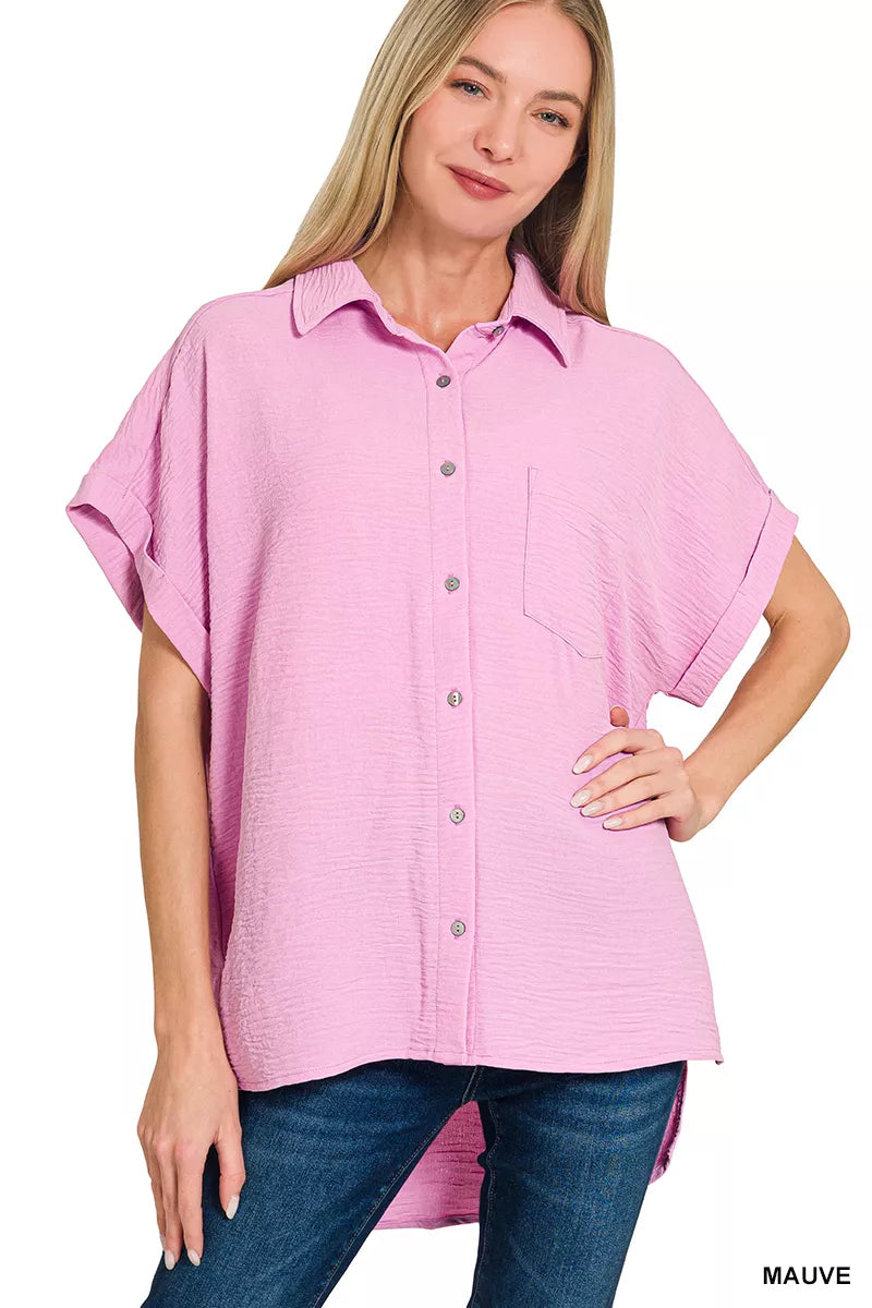 ZENANA Woven Airflow Button Down Shirt on Simply Obsessed