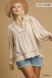 UMGEE Full Size Linen Scallop Hem Blouse with Contrast Trim Plus Size on Simply Obsessed