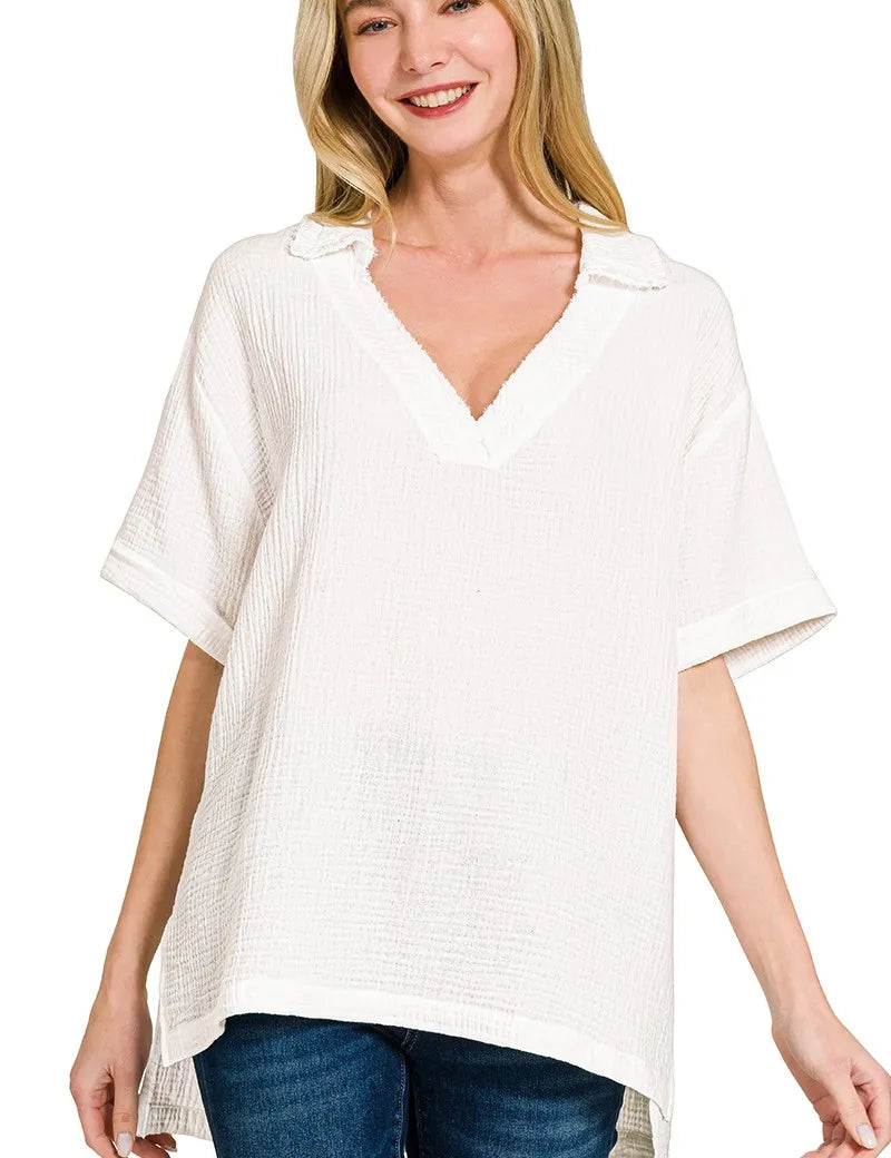 Zenana Double Gauze Short Sleeve High-Low Top on Simply Obsessed